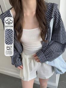 DAZY Women's Plaid Long Sleeve Casual Loose Hooded Lightweight Jacket - Blue - View 1