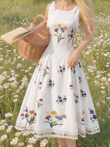 SHEIN 少女百搭法式优雅清新花卉印花无袖连衣裙，适合各种场合，如仪式、派对、音乐节、约会等，新款女童连衣裙，通勤、优雅、海滩、波西米亚风、夏威夷风、音乐节、约会、春夏皆宜。 - 白色 - 查看 3
