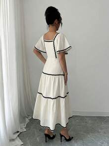 SHEIN Raffinéa 女士方领花瓣袖法式纹理度假风波浪荷叶边下摆奶油黄优雅连衣裙 - 白色 - 查看 2