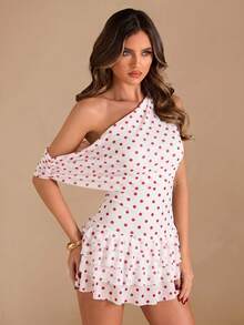 Vestido mini elegante asimétrico con volantes en el bajo, pequeño vestido negro, adecuado para citas diarias, fiestas, reuniones, fiestas de cóctel, citas románticas, vestidos de dama de honor, salidas nocturnas - Rojo y blanco - Ver 5