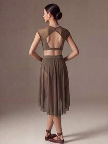 SHEIN Pakaian Remaja Perempuan: Atasan Lengan Pendek Transparan dengan Motif Jala dan Rok Mini dengan Hem Asimetris, untuk Kembali ke Sekolah - Khaki - View 6