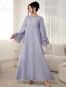 Al Najma Solid Color Round Neck Loose Long Sleeve Patchwork Ribbon Dress, Casual Resort Wear - Purple - View 7