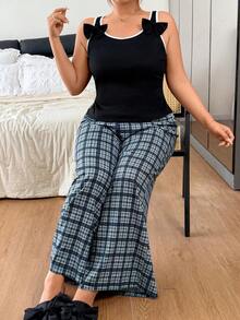 Napfluff CURVE Napfluff CURVE Contrast Color Trim Bow Decor Vest & Plaid Print Pants Plus Size Pajama Set - Multicolor - View 5