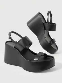 ROMWE Goth Women's Shoes Women's Fashion Platform Sandals - Summer Casual Punk Style Plain With Buckle Sandals - Comfortable And Breathable Simple Slip-On Women's Shoes Summer Shoes - Black - View 3