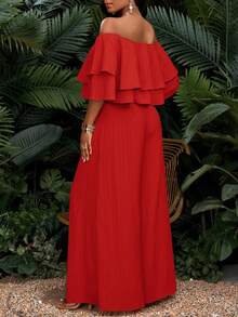 SHEIN Lady Women's Red Off-Shoulder Ruffle Crop Top And Wide Leg Pant Set Summer Two Piece Outfit - Red - View 2