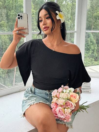 SHEIN EZwear 女士黑色休闲纹理加大码修身褶皱T恤