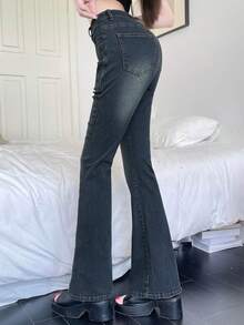 DAZY Women's Korean Style Distressed Flare Leg Jeans Petite Fall - Blue - View 6