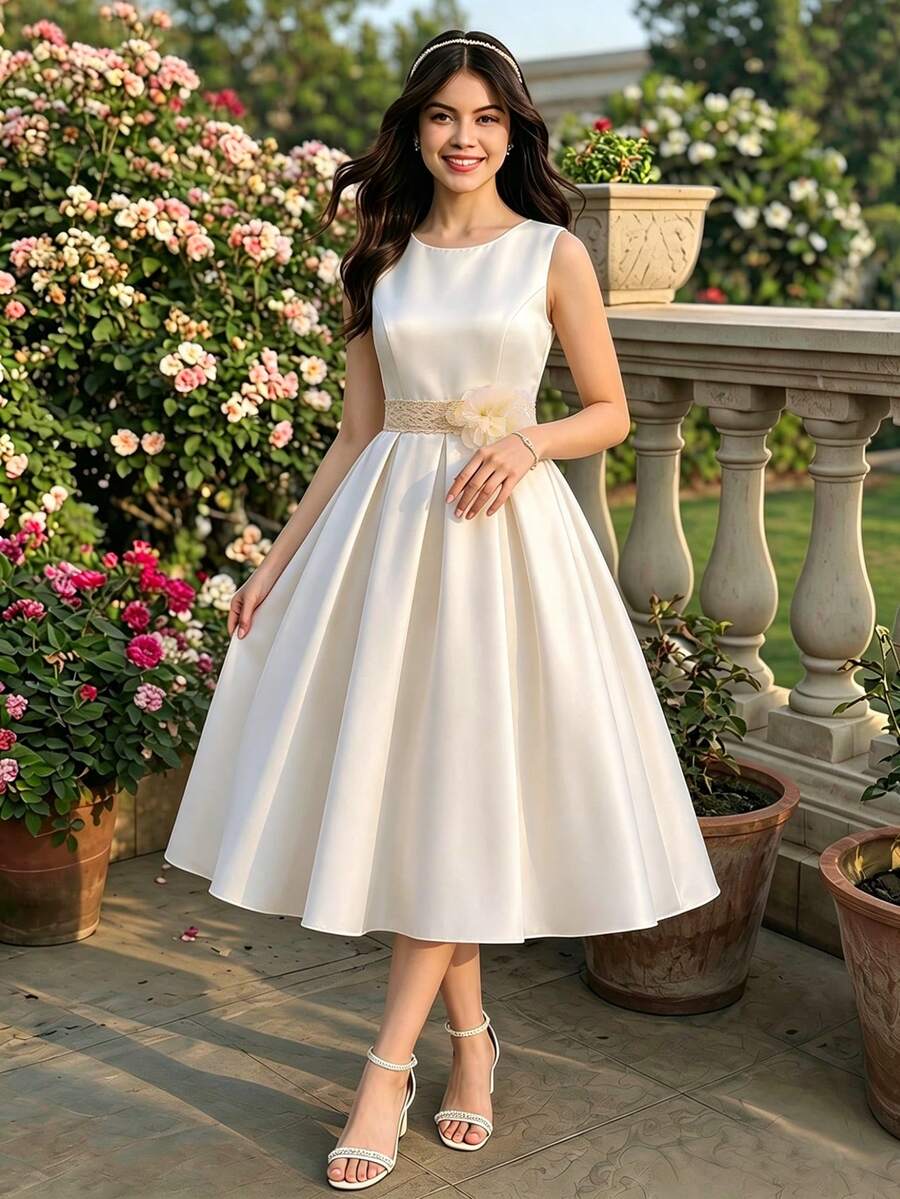 Cream White Floral Prom Dress For Teens, Elegant Satin Umbrella Dress, Birthday Outfit Women's Summmer Dresses Sleeveless Dresses Midi Dresses Dresses For Women Elegant Dresses For Women Dress For Women Special Occasion Wedding - Beige - View 1