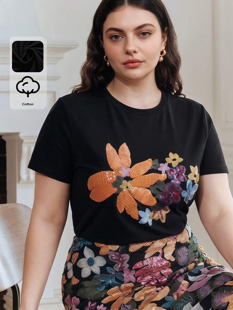 Elegant Women's T-Shirt, 94%Cotton Minimalist Commuting Casual Short Sleeve Round Neck, Embroidered Sequin Detail, Black Plus Size