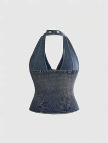 ROMWE Avant Áo crop top denim gợi cảm kiểu dáng thể thao Y2K retro dành cho nữ, chất liệu jersey, có logo thêu, dây rút, cạp thấp, chất liệu denim. - Màu xanh lam - Xem 2