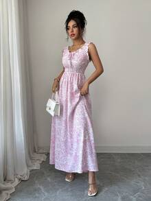 SHEIN LUNE Đầm hai dây eo xếp ly họa tiết hoa nhí màu hồng trắng thanh lịch dành cho nữ, thích hợp cho mùa hè. - Hồng - Xem 5