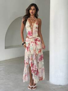 Aloruh Women's Romantic Tropical Spaghetti Strap Beaded Ruffle Floral Print Dress, Spring/Summer Beach Pink Floral - Multicolor - View 3