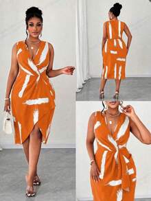 Maweii Vestido sin mangas con cuello en V y estampado de talla grande - Naranja - Ver 1