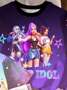 3pcs/Set Young Girl Cartoon Character Print Colorful Gradient Short Sleeve Basic T-Shirts, Suitable For Spring And Summer, Featuring K-Pop Superstars - Multicolor - View 3