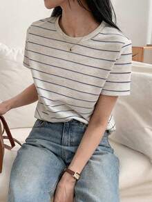 DAZY T-shirt à col rond à manches courtes rayé pour femmes, polyvalent pour les déplacements en été - Beige - Voir 7