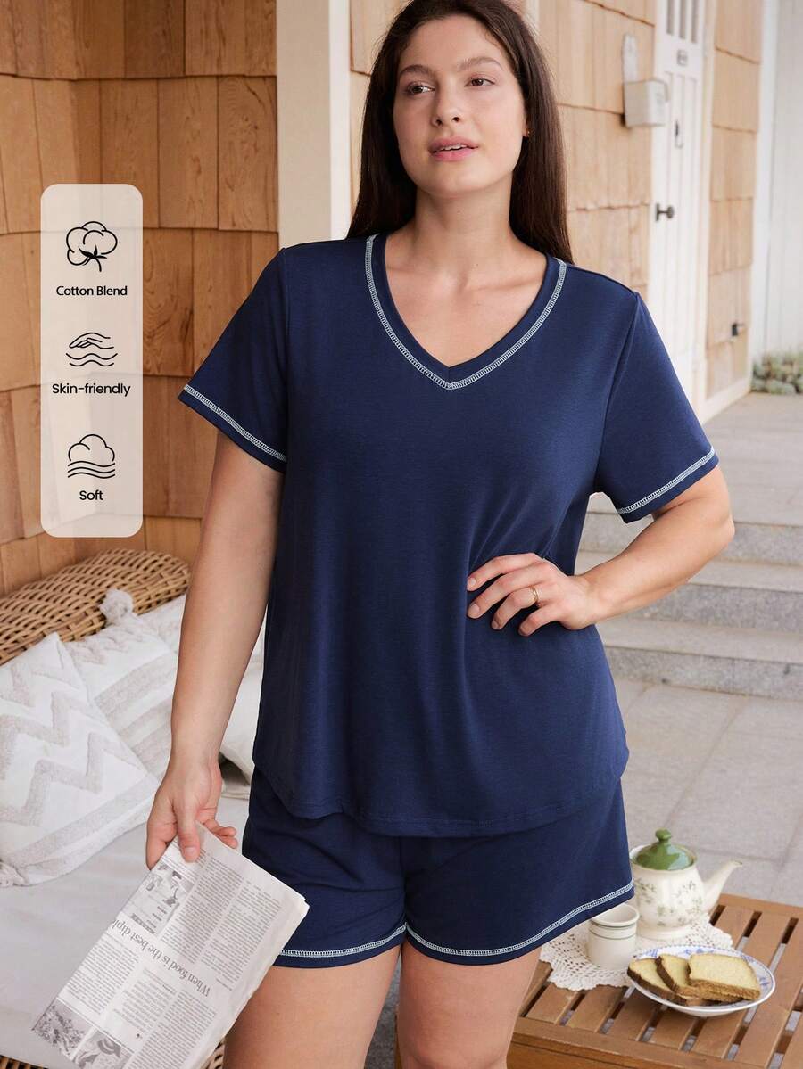 Doze Lane Casual Plus Size Pajama Set, Minimalist Loungewear Suitable For Outdoor Wear - Blue - View 1