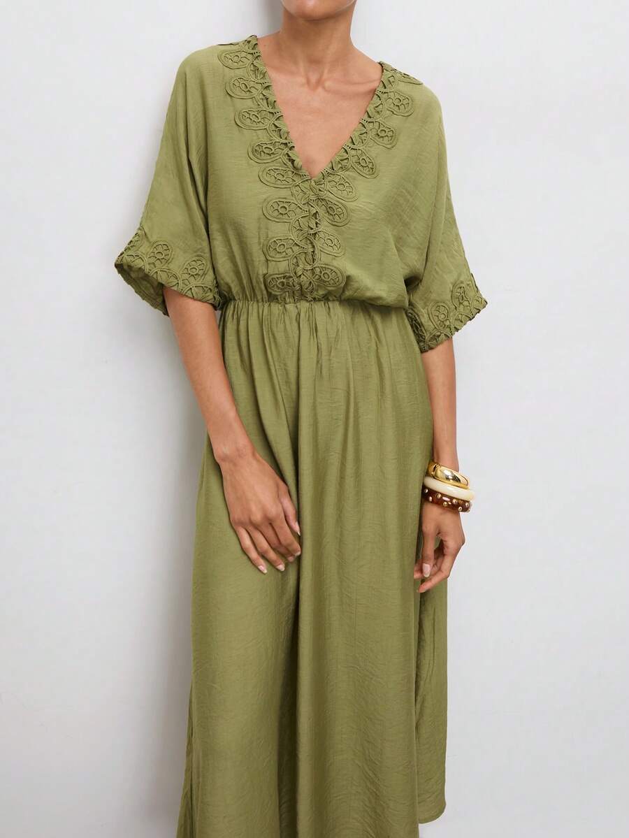 Maija Women's V-Neck Lace Patchwork Fashionable Versatile Dress - Army Green - View 1
