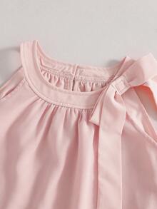 SHEIN Bộ đồ hè 2 món cho bé gái tuổi teen, áo hai dây màu hồng không tay có nơ kết hợp với chân váy voan, thoải mái và đa năng. - Hồng - Xem 3