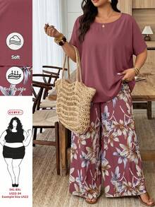 SHEIN CURVE+ Curve 尺码 US22 音乐节、海滨度假、波西米亚风两件套女士度假宽松衬衫和碎花长裤套装 夏季套装 - 彩色 - 查看 1