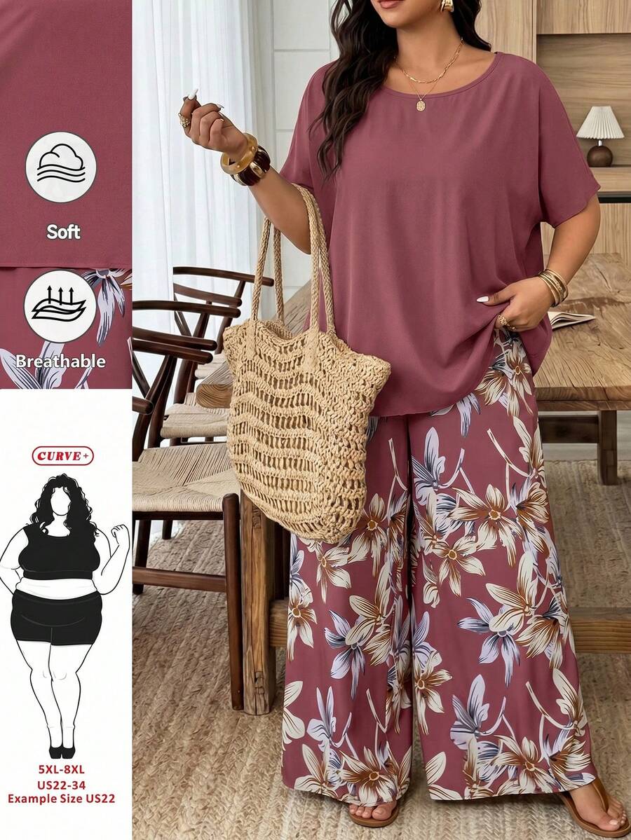 SHEIN CURVE+ Curve 尺码 US22 音乐节、海滨度假、波西米亚风两件套女士度假宽松衬衫和碎花长裤套装 夏季套装 - 彩色 - 查看 1