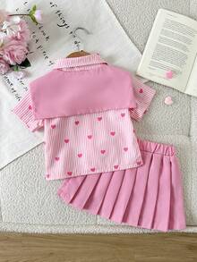 SHEIN Playful Pals 3件組 幼童嬰兒女童刺繡粉色條紋襯衫披肩&百褶裙休閒時尚夏季校園穿搭女童制服套裝 - 粉色 - 查看 3