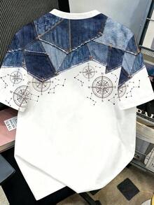 Manfinity Joysei Áo thun nam tay ngắn phối màu xanh dương và trắng tương phản, chất liệu giả denim với họa tiết la bàn, kết hợp giữa vẻ mạnh mẽ và tính nghệ thuật để tái tạo phong cách đường phố thường ngày, phù hợp với nam giới trẻ sành điệu và các cặp đôi theo đuổi sự thể hiện cá tính và yêu thích văn hóa thời trang đường phố. - trắng - Xem 5