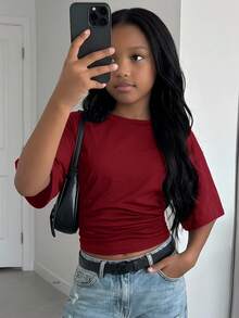 Áo thun nữ tuổi teen kiểu dáng mới, thanh lịch, màu trơn, thoải mái, đa năng, có bèo nhún ở eo, phù hợp mặc hàng ngày, đi học, đi biển, đi nghỉ mát và mặc ở nhà, màu đỏ mùa hè. - Màu Đỏ Sâu - Xem 2