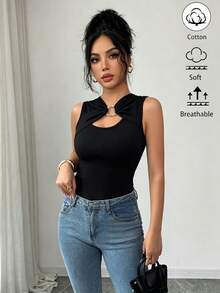 SHEIN Elenzya Women's Elegant Casual Black Solid Color Metal Ring Fitted Sleeveless T-Shirt Top, Suitable For Women's Party, Date, Work Commute, Christmas, Graduation Season, Back To School Season, Graduation Ceremony, Teacher's Day, Christmas, Valentine's Day, Thanksgiving, Back To School Sleeveless T-Shirt, Daily Wear, Spring/Summer Wear, Cotton T-Shirt Top For Summer, Women's Cotton Knit T-Shirt Top For Summer - Black - View 5