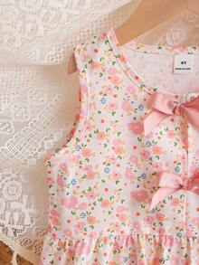 SHEIN Elladie kids 女童两件套碎花套装，粉色蝴蝶结装饰无袖上衣+纹理阔腿裤，甜美可爱夏季休闲装 - 粉色 - 查看 10