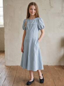 DAZY Tween Girls Denim Short Sleeve Dress - Light Wash - View 6