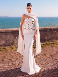 Aureia Elegant White Polka Dot Satin Strapless Two-Piece Dress, Pleated Party Gown For Wedding Guest,Prom & Evening Events - Black and White - View 1