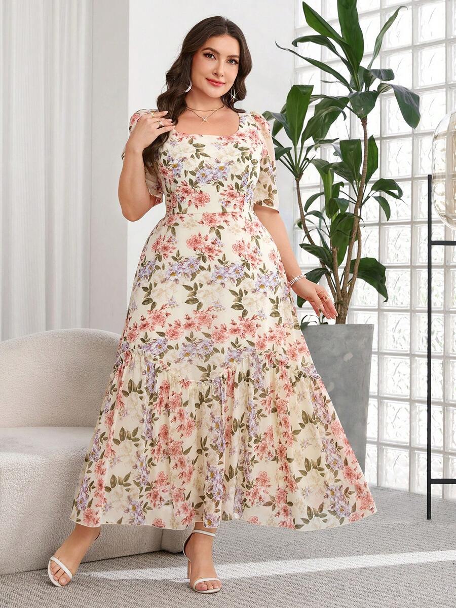 Reflora 大尺碼女款優雅花卉印花收腰長洋裝，米色夏季婚禮賓客度假正式約會晚宴禮服，茶會穿搭 - 彩色 - 查看 1