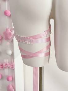 SHEIN Lace Patchwork Bow Leg Garter - Pink - View 2