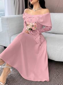 Feyla 女士优雅纯色蕾丝拼接露肩喇叭袖连衣裙 - 粉色 - 查看 7