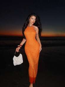 SHEIN SXY Women's Orange Summer 70's Holiday Night Out Club Party Disco Holiday Solid Color Frill Trim Halter Backless Beach Birthday Dress Vacation Outfits - Orange - View 9