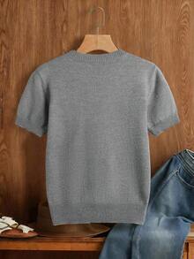 Pariaura Solid Color Round Neck Casual Daily Short Sleeve Knit Top, Spring/Summer - Light Grey - View 3