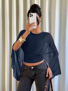 Siren Gaze Maglietta casual da donna a girocollo, con pieghe, aderente, di colore unito - Blu Navy - Visualizzare 4