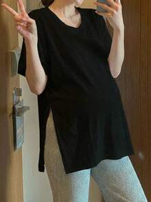 DAZY Maternity Round Neck Solid Color Short Sleeve Split Hem Loose Black T-Shirt, Spring/Summer - Black - View 9