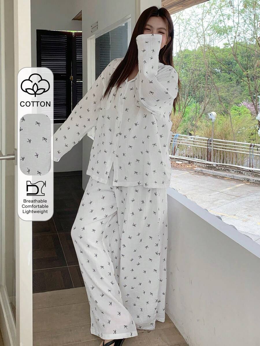 Dazy Plus Heart Print Loose Long Sleeve Top And Long Pants Pajama Set, Plus Size Women Spring/Autumn Sleepwear - White - View 1
