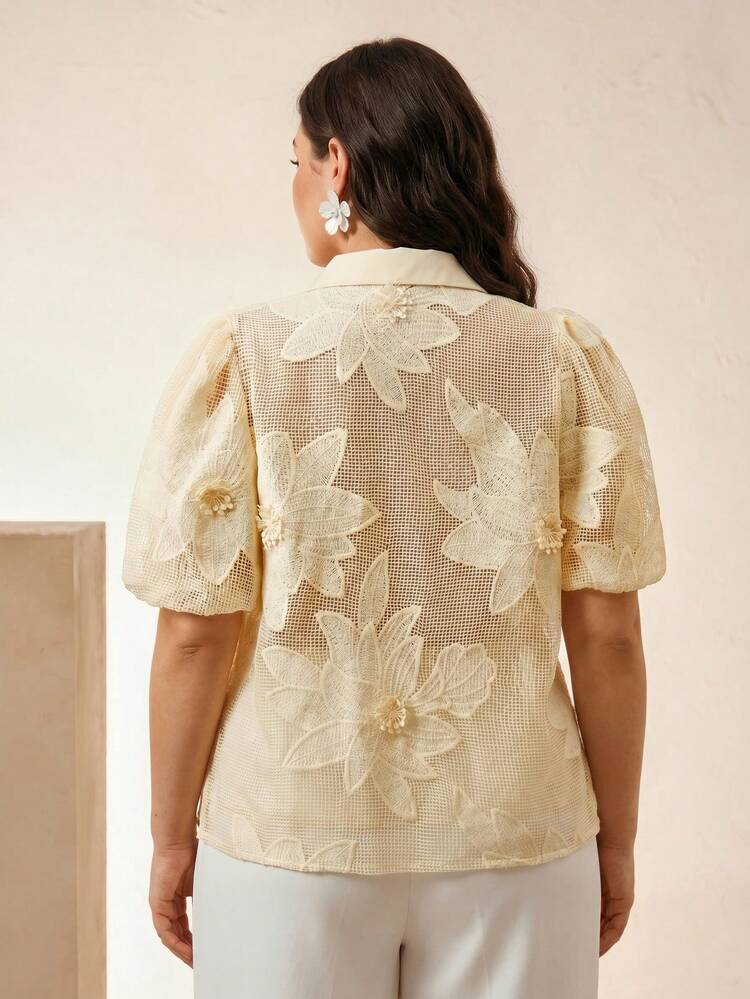 Plus Size Women Solid Color Hollow Out Sexy Short Sleeve Blouse