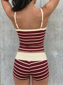 SHEIN EZwear 女士夏季休闲条纹吊带背心和短裤两件套 - 彩色 - 查看 2