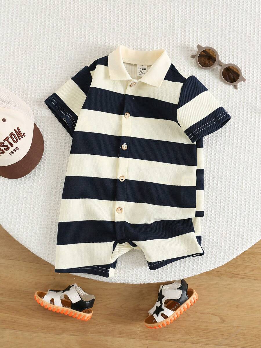 SHEIN 新生男宝宝夏季可爱休闲针织条纹Polo衫和短裤连体衣 - 彩色 - 查看 1