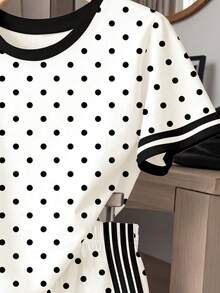 2pcs/Set Young Girl Vintage Polka Dots, Classic Black & White Dot, Contrast Striped Round Neck Short Sleeve T-Shirt And Shorts, Suitable For Summer - Multicolor - View 3