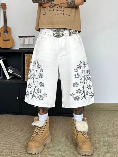 STEELVANCE Vintage Streetwear Embroidered Loose Straight Leg Casual Denim Shorts, Versatile For Daily Wear In Summer