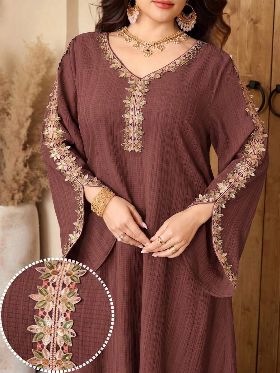 Al Najma Plus Size Elegant Floral Embroidery V-Neck Loose Flare Sleeve Dress - Dusty Pink - View 1