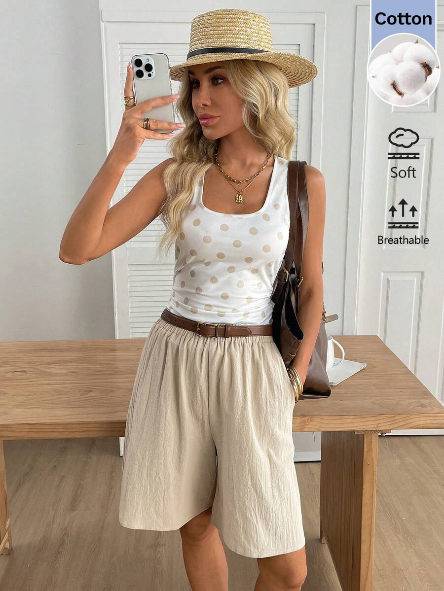 SHEIN LUNE Women's Casual Basic White Polka Dot Summer Holiday Vacation 2 Pieces Set Outfits, Fashion Zip Up Top And Shorts Outfit, Daily Commute Work Golf - Multicolor - View 1