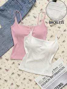 Attitoon 2pcs/Set Women's Casual Minimalist Pink & White Tank Tops, Suitable For Summer - Multicolor - View 6