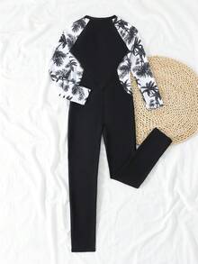 SHEIN Tween Girls 1-Piece Swimsuit,Long Sleeve Zip-Up One-Piece With Long Pants,White Tropical Green Palm Leaf Print,Funny Summer Beach Vacation Holiday - Black and White - View 2
