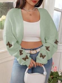 EMERY ROSE Plus Size Women Solid Color Knitted Butterfly Embroidered Short Cardigan, Fashionable And Versatile For Autumn/Winter Date Night Sage Green Cute - Green - View 3