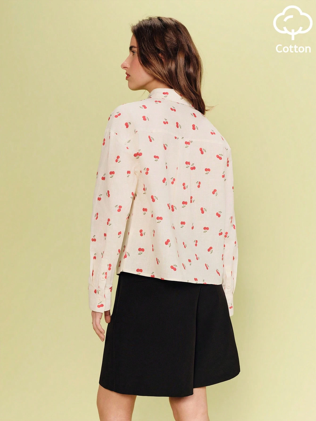 Cream Relaxed-Fit Shirt With Cherry Print And Front Placket Cute Sping Summer Cherry Skirt Holiday Outfit Work Shirt Cute Summer Top French Style Shirt